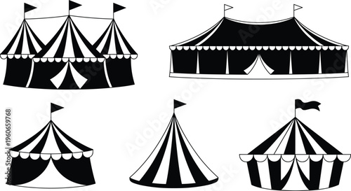 Silhouette collection of circus tents, striped big top designs, festival artwork, carnival inspiration, entertainment event illustration