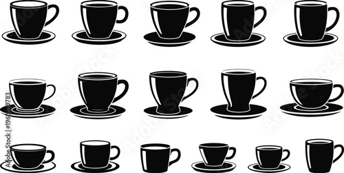 Silhouette collection of coffee cups and mugs, vector illustration, beverage icons, café branding design, tea and coffee accessories