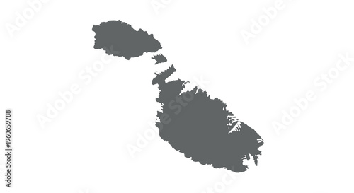 A stark black silhouette depicts the island nation of malta showcasing its unique shape high quality