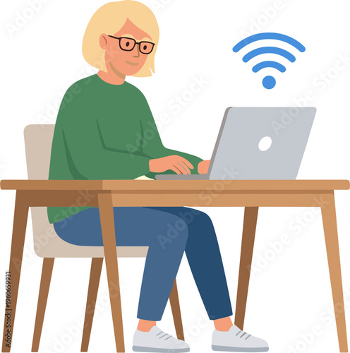 Woman sitting at a desk with a laptop and using the internet