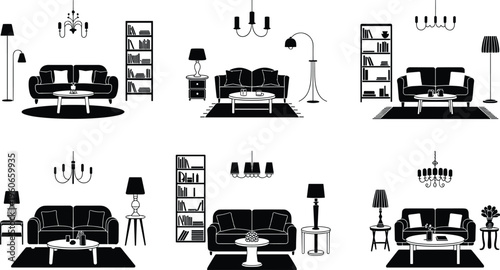 Silhouette collection of living room interiors, furniture arrangement, home decor inspiration, modern design styles, cozy interior artwork