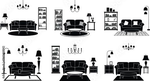 Silhouette collection of living room interiors, furniture arrangement, home decor inspiration, modern design styles, cozy interior artwork
