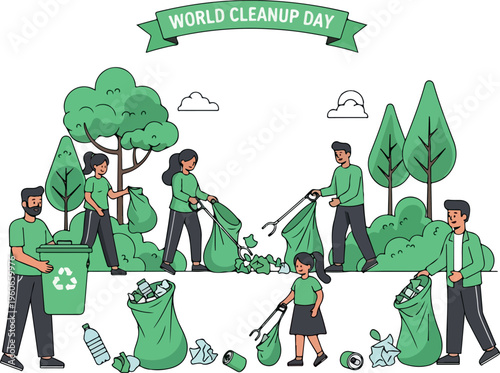People Participate in a World Cleanup Day Event, Collecting Trash and Promoting Environmental Awareness