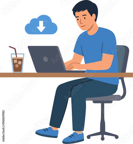 Man sitting at table working on laptop with cloud downloading