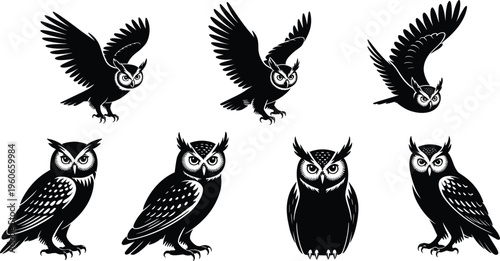 Silhouette collection of owls, flying and perched poses, bird artwork, nocturnal animal design inspiration, detailed feather illustration