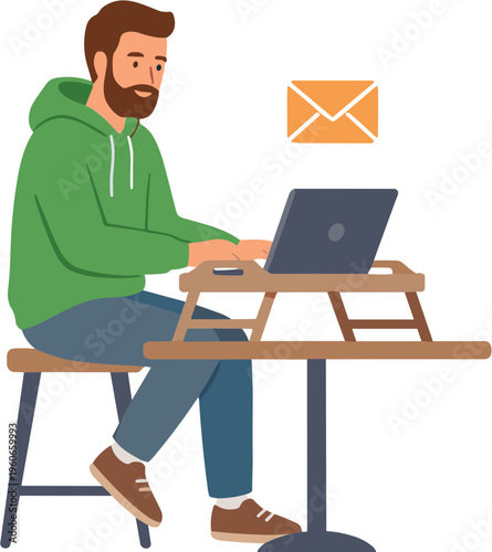 Man sitting on stool working on laptop at outdoor table with email
