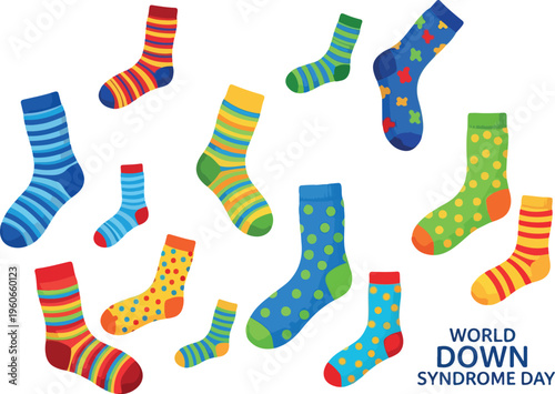 Colorful socks with different patterns promoting awareness for World Down Syndrome Day, a day dedicated to understanding and support
