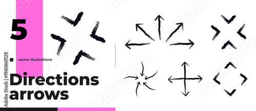 Directional black grunge doodle arrow set. Multiple directions. Freehand sketchy cliparts in rough brush stroke style. Simple hand drawn vector overlays for emphasis. Graphic design elements pack