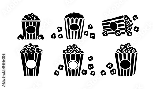 Popcorn silhouette icon set with cinema snack buckets and boxes bold black movie food vector