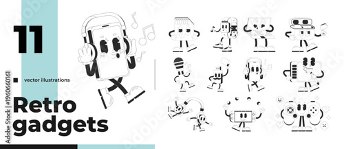 Mobile and entertainment electronics outline groovy mascot characters pack. Anthropomorphic gadgets in rubber hose style. Black and white vector illustration. Comic personage set with funky vibe