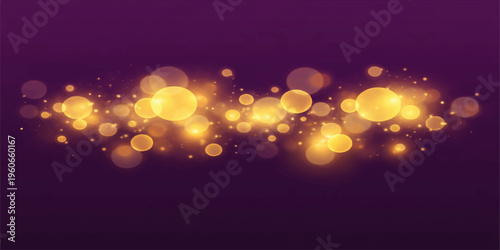 Abstract shimmering golden bokeh lights dance and gleam against a deep purple backdrop, creating an enchanting visual symphony of illumination and ethereal beauty.
