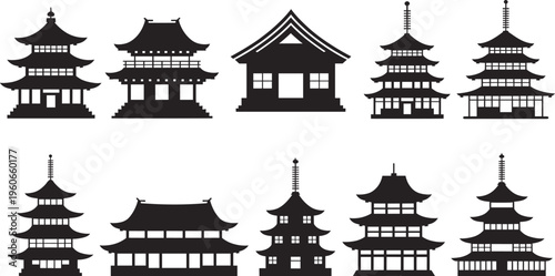 Traditional East Asian pagoda temple silhouettes, cultural architecture icons, historic heritage structures, tiered roofs, spiritual landmarks, artistic design illustration