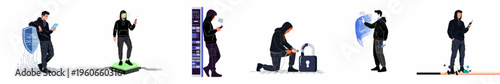 Set of flat vector illustrations representing various cybercrime activities and cybersecurity concepts, featuring a hooded hacker character in different scenarios.