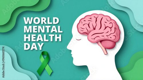 World Mental Health Day web banner with human head silhouette and healthy brain. Human head profile with brain and green awareness ribbon for mental health support. 