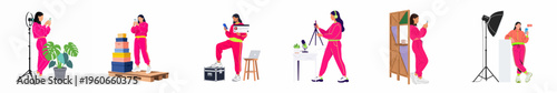 A collection of flat illustrations depicting a young woman influencer vlogging, live streaming, and creating social media content using professional recording equipment.