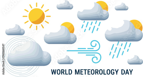 World Meteorology Day celebrating weather, climate, and atmospheric science with fun illustrations of sun, clouds, and rain