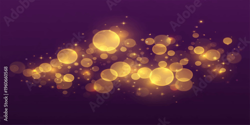 Abstract radiant golden bokeh orbs dance across a deep purple canvas. a display of elegance and sophistication, evoking feelings of enchantment and celebration.