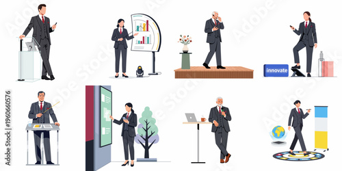 Collection of professional business characters in grey pinstripe suits engaged in various office presentations, leadership roles, and technological interactions on a white background.