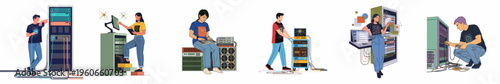 Collection of Illustrations Featuring IT Professionals Working with Server Racks and Data Center Equipment in Modern Technology Environments