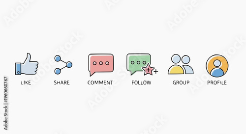 Minimalist Social Media Community Icons: Web Symbols, Networking, Communication, App UI, Digital Interaction, Like Share Comment Follow, Vector Set