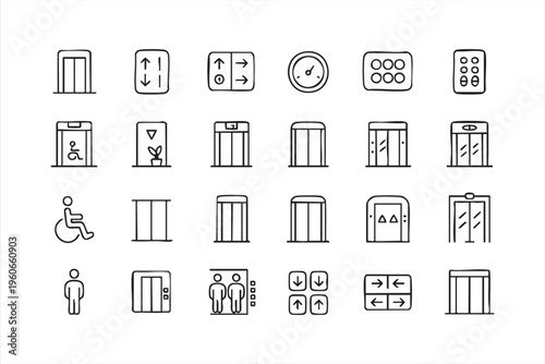 Modern lift icons collection featuring elevator buttons panels and transport system elements