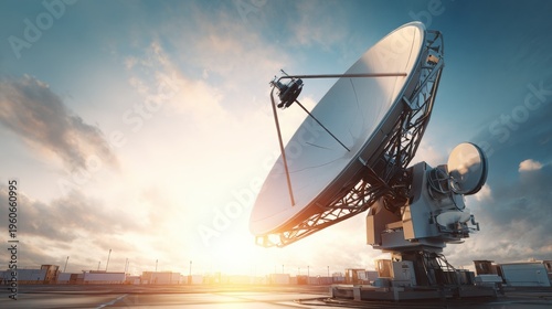 Large parabolic satellite dish antenna with complex structure against a bright cloudy sky at sunrise