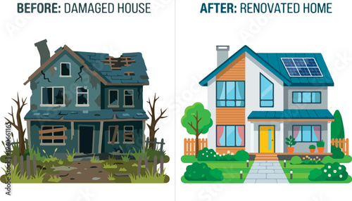 Before and after house renovation process.