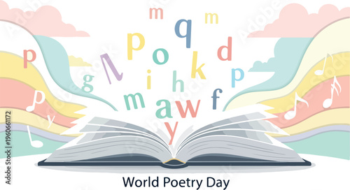 World Poetry Day celebration with an open book and floating letters signifying creativity and imagination