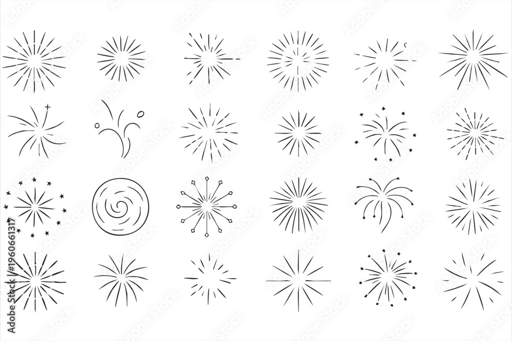Obraz premium Decorative sunburst icons with sparkle rays for branding backgrounds and graphics