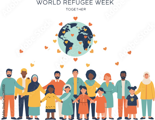 World Refugee Week illustration showing people of diverse backgrounds holding hands under a globe adorned with hearts