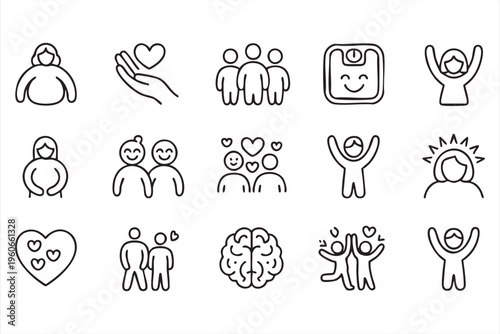 Mental health icon set with wellbeing support therapy and happiness symbols for healthcare design