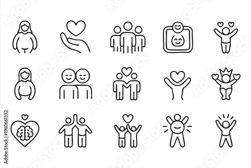 Wellbeing and psychology icons collection with brain care support and emotional balance concepts