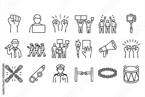 Protest line icons with raised fists megaphone and banners for political activism and advocacy