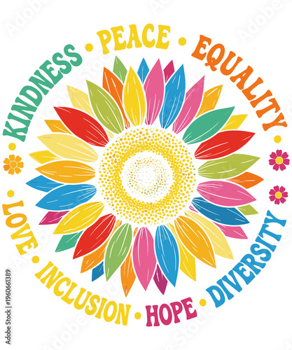 Inspirational Floral Design Featuring Kindness Peace Equality and Love Text