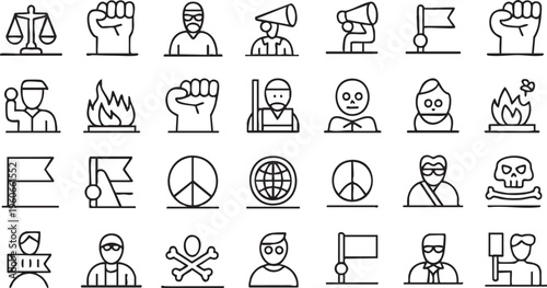 Protest activism icon set with social justice symbols for political campaigns and advocacy