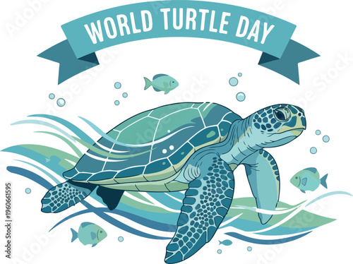Celebrating World Turtle Day with this illustration of a sea turtle swimming gracefully through the ocean waves, surrounded by small fish and bubbles