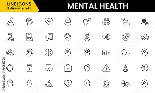 Mental Health Line Editable Icons set. Vector illustration in modern thin line style of medical icons: components of a healthy lifestyle and mental balance.