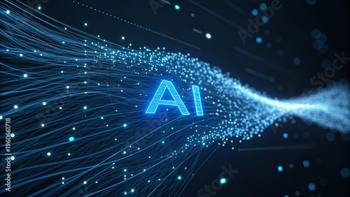 “AI” text with flowing data streams on dark black background, representing agentic AI, business automation workflows, digital transformation innovation concept