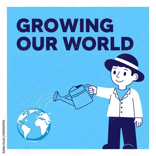 A cartoon boy watering the Earth globe with a watering can