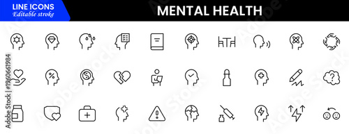 Mental Health Line Editable Icons set. Vector illustration in modern thin line style of medical icons: components of a healthy lifestyle and mental balance.
