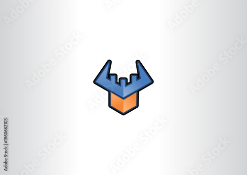 A professional vector illustration featuring a blue battlements crown integrated with an orange hexagonal shield base, symbolizing strength, safety, and modern security solutions.