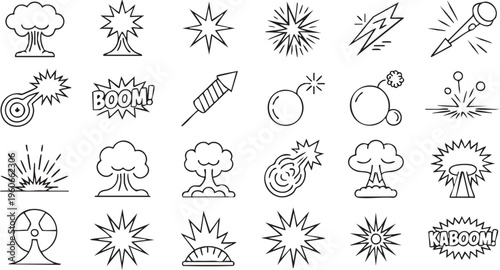 Comic explosion icons collection with kaboom blast and firework effects for graphics