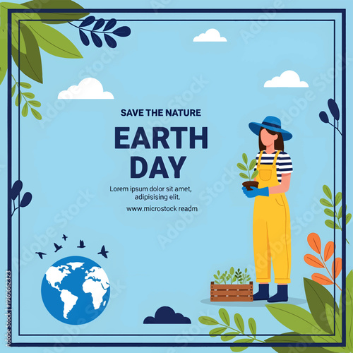 Earth Day poster with a woman planting a seedling