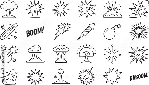 Explosion icon set with blast burst comic effects bombs and dynamic symbols for design