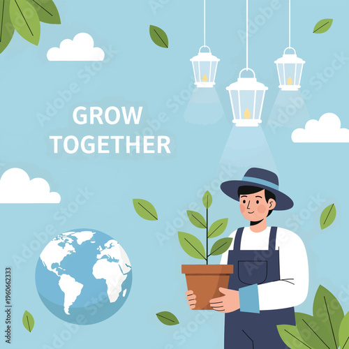 Man holding plant pot with green leaves standing under hanging lamps with earth and clouds