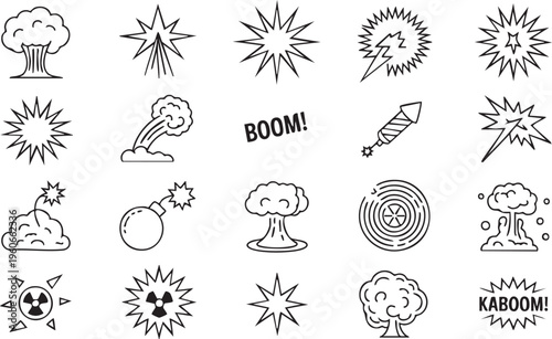 Explosion line icons featuring bomb burst shockwave and impact effects for action design