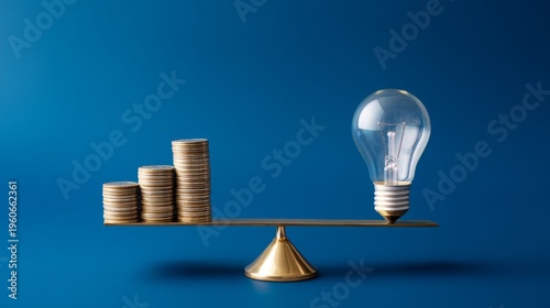 economic balance, supply chain energy, Energy Supply, Balancing Coins and Light Bulb Symbolizes Financial Innovation and Ideas on a Scale Against Blue Background
