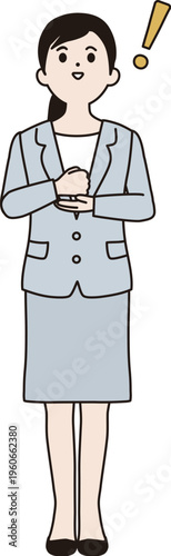 シンプルな線画のビジネスウーマン　イラスト（ひらめき、びっくりマーク）　ベクター