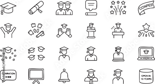 University graduation icon collection with student cap and academic achievement symbols