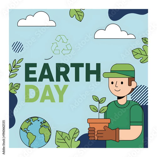 Man holding a plant on Earth Day with eco friendly symbols around